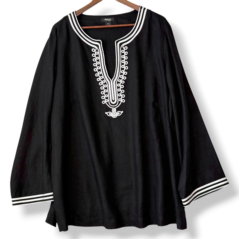 Style & Co 100% Linen Tunic Top 22W Black Embroidered Soutache Split Neck Beach